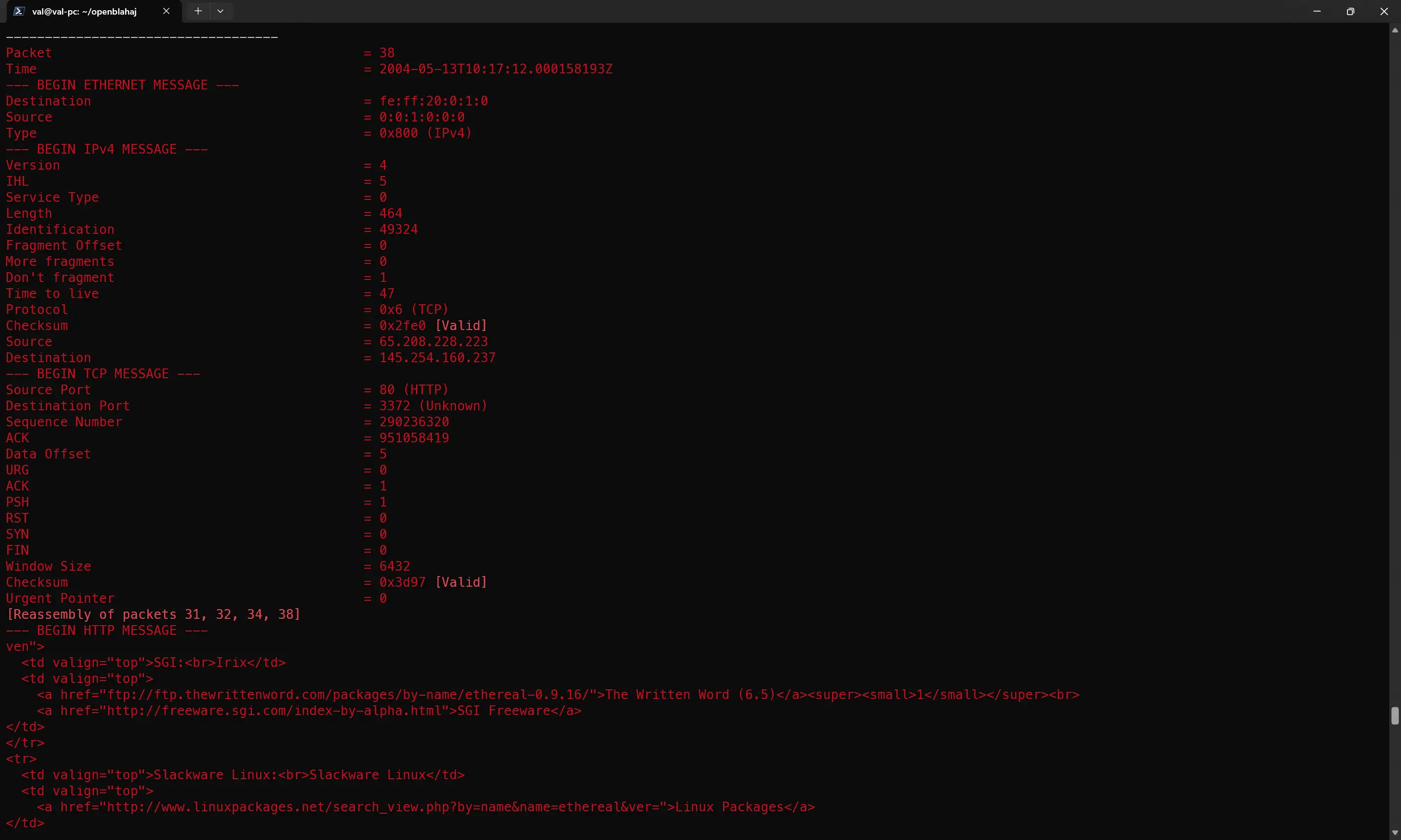 Affichage d'une réponse HTTP reconstruite